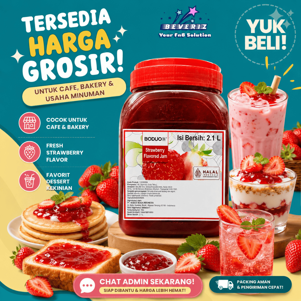 Boduo Strawberry Flavored Jam 2.1L | Selai Stroberi Premium Untuk Minuman & Dessert