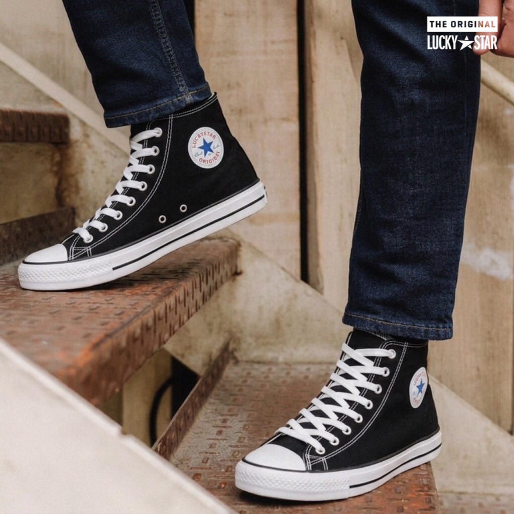 Lucky Star AF1 Hi Black White Sepatu Sneakers Canvas Kasual