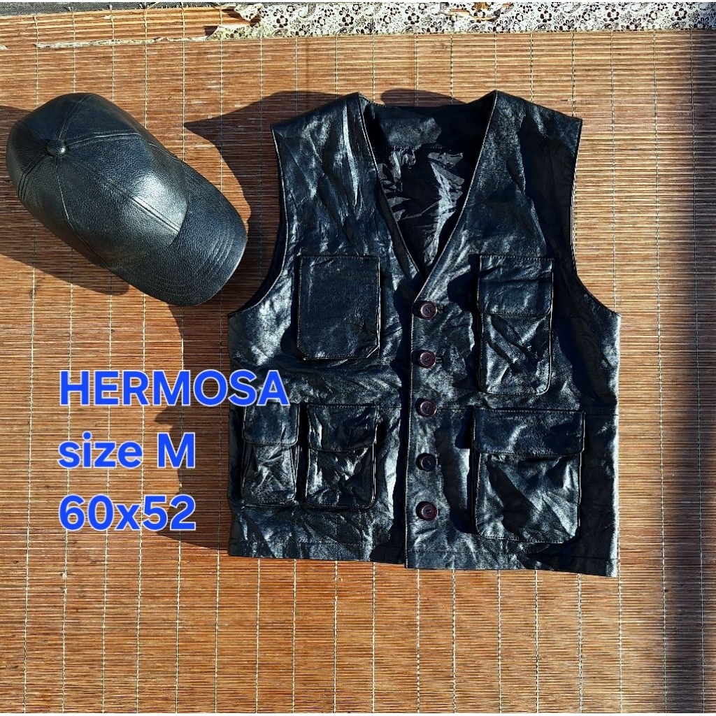 Rompi Kulit Domba Hitam HER MOSA Multipocket Lambskin Biker Vest Touring Motor Band Rock Punk Leathe