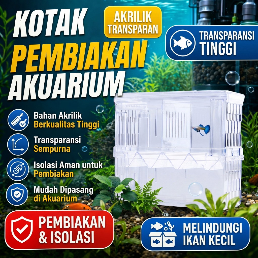 KRAKUARIA Kotak Sekat Aquarium Akrilik Tempat Beranak Ikan Guppy & Cupang Jaring Saringan Isolasi Tr