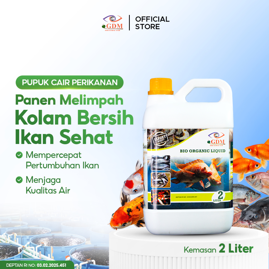 Suplemen Organik Cair GDM Perikanan 2L | Probiotik Perikanan | Air Jernih & Ikan Cepat Besar | Lele 