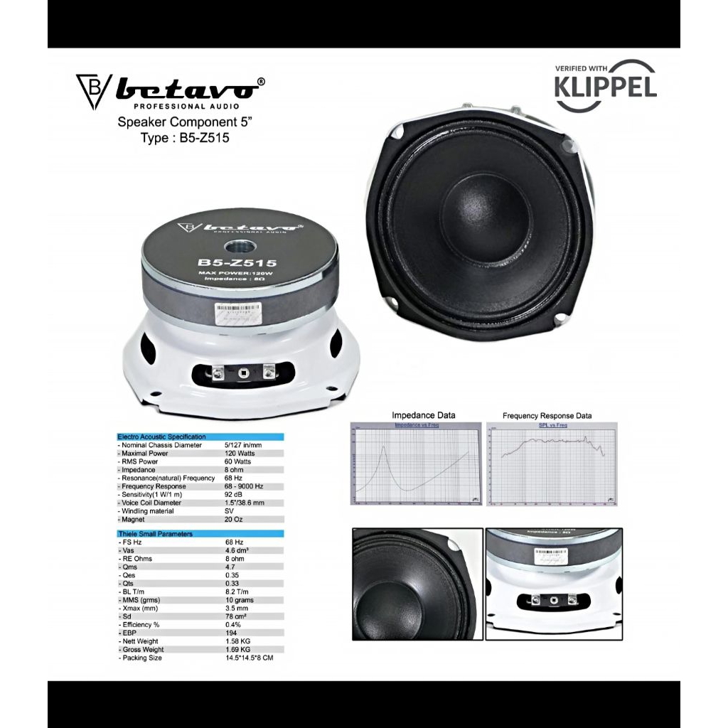 betavo VERIFIED WITH PROFESSIONAL AUDIO KLIPPEL Speaker Component 5" Type : B5-Z515