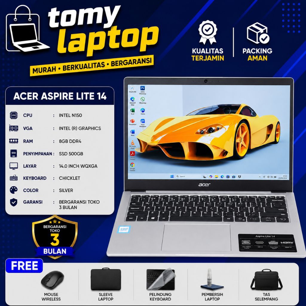 LAPTOP SECOND JAMINAN GARANSI TOKO INTEL N150 INTEL (R) GRAPHICS RAM 8GB DDR4 SSD 512GB 14INCH WUXGA