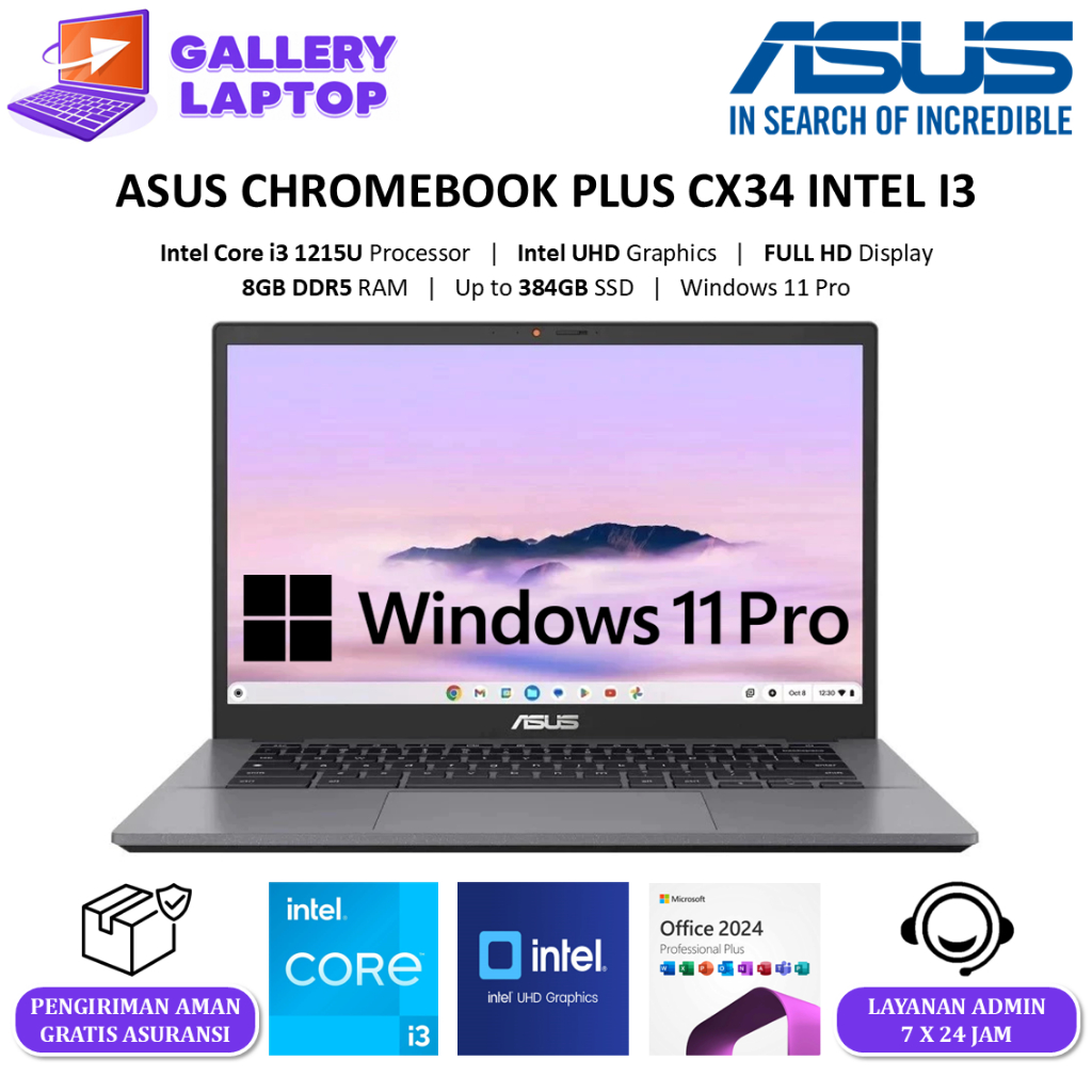 Laptop ASUS Chromebook Plus CX34 - Intel Core i3 RAM 8GB 384GB 14.0 FHD Windows 11 Rock Grey