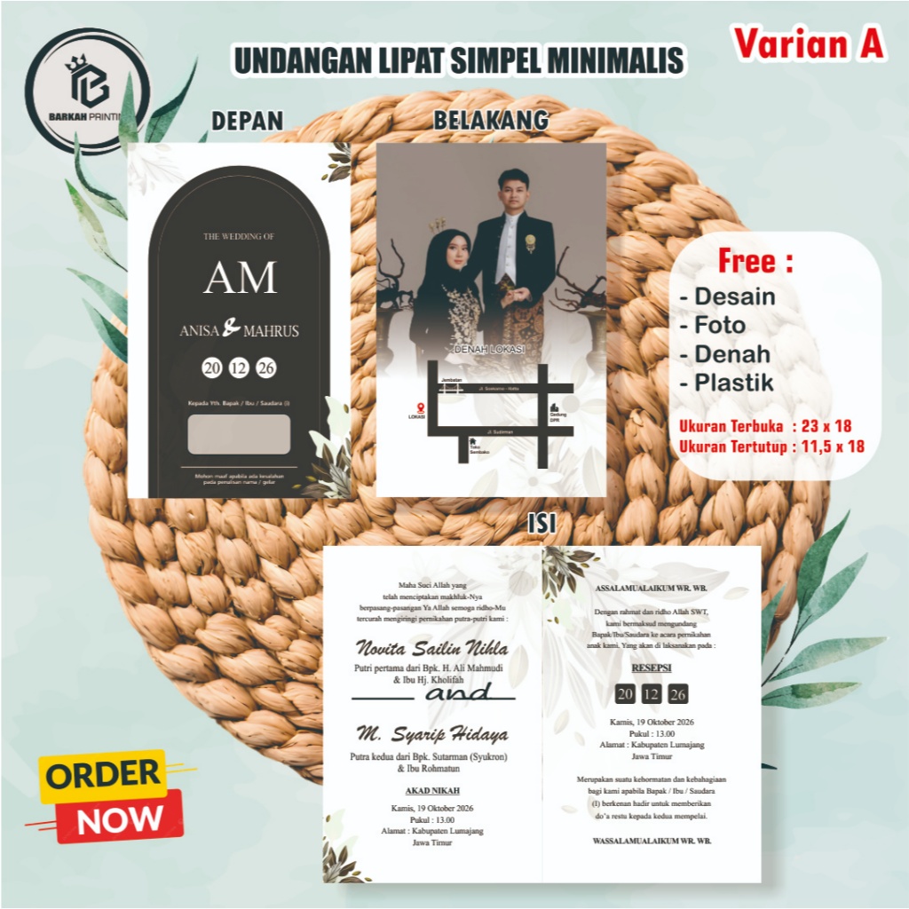 UNDANGAN PERNIKAHAN LIPAT 1, FREE FOTO, PLASTIK, BARCODE LOKASI & DENAH