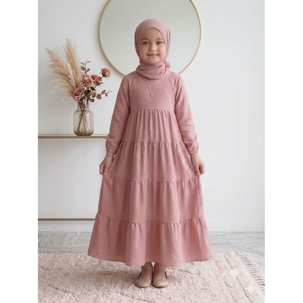 BAJU GAMIS ANAK POLOS  MODEL TERBARU CANTIK SET PASHMINA BAHAN RAYON TWILL