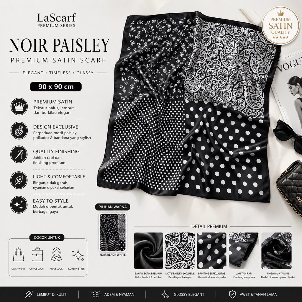 LaScarf Noir Paisley Premium Satin Scarf 90x90 cm – Hijab Satin Motif Bandana Polkadot Monochrome