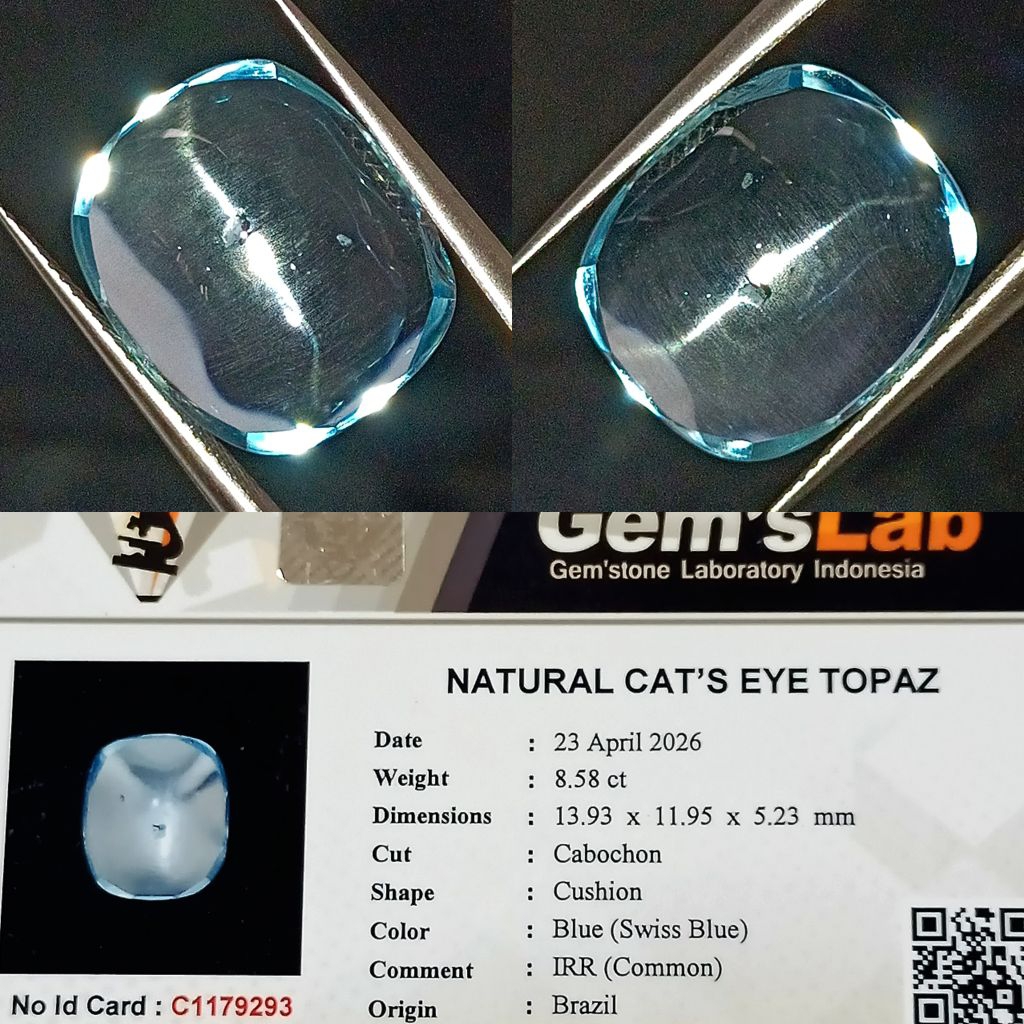 NATURAL PERMATA CAT'S EYE TOPAZ SWISS BLUE BRAZIL 8.58 CARAT CUSHION MEMO GLI LAB