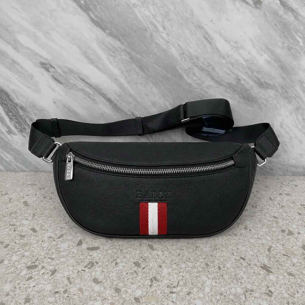 Tas Slempang Pria Kulit Premium 35x17cm – Waistbag Garis Merah Putih by Bally