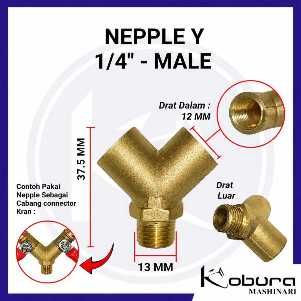 Nepple Cabang Y Male Drat 1/4" Inch Nipple Nepel Connector Kuningan Drat Dalam 12 MM dan Luar 13 MM 