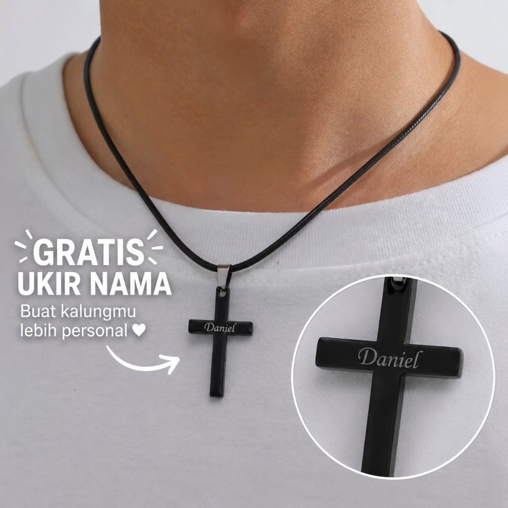 Kalung Salib Titanium Couple Hitam & Silver Elegan+ Tali Premium+ Gratis ukir Nama