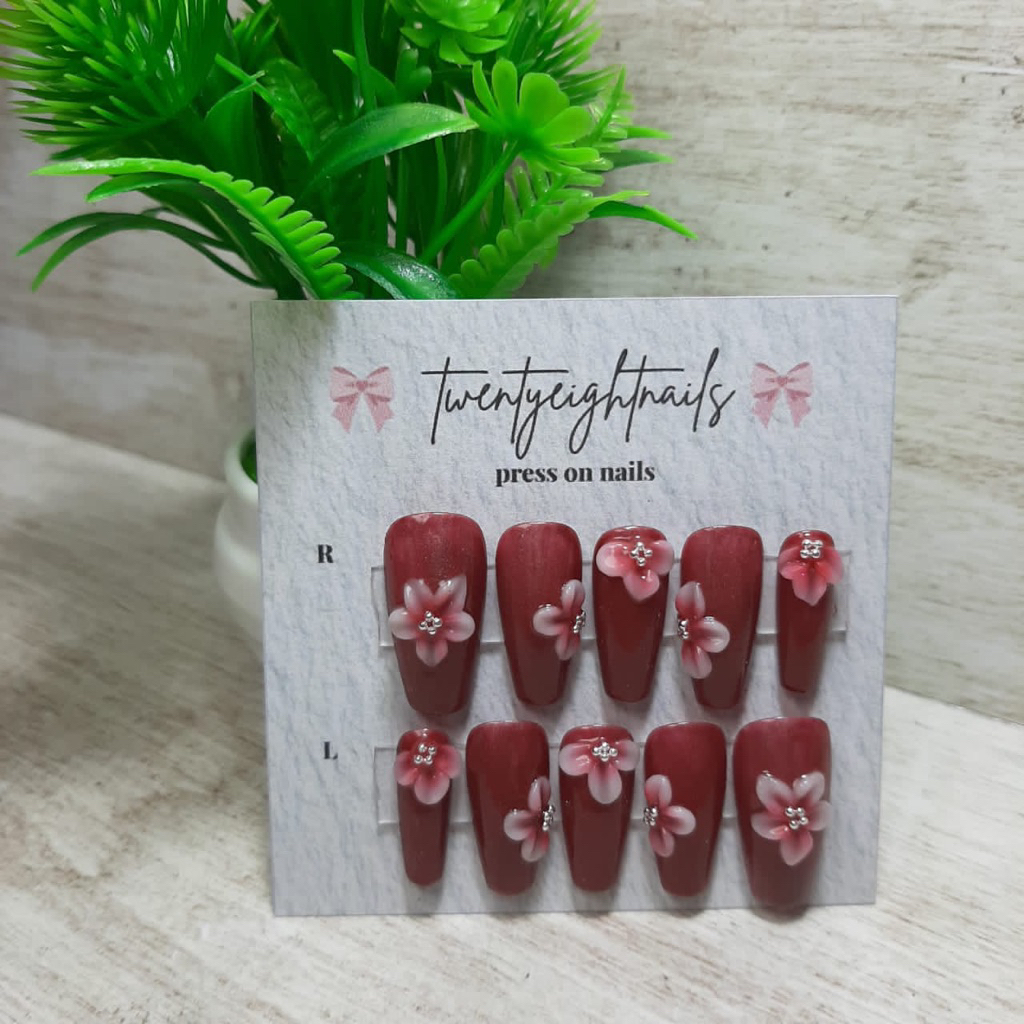 twentyeight - PRESS ON NAILS motif bunga 3D merah marron || kuku palsu cantik || fake nails merah ma