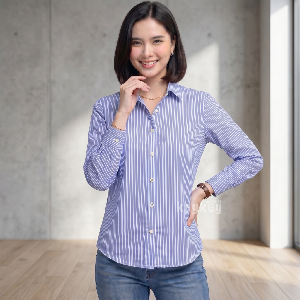 CLARA Shirt | Kemeja Wanita Lengan Panjang Katun Stripe | Atasan Kemeja Outer Casual Formal Elegan