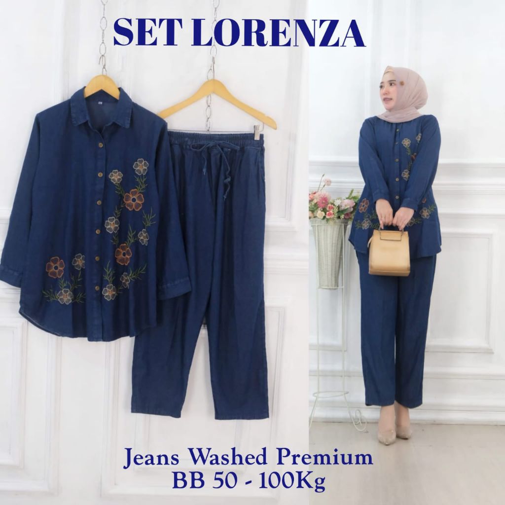 Setelan Jeans Bordir Jumbo BB 50-105kg | Setelan Lorenza XL, XXL, 5XL| Set Jeans Bordir | Set Jeans 