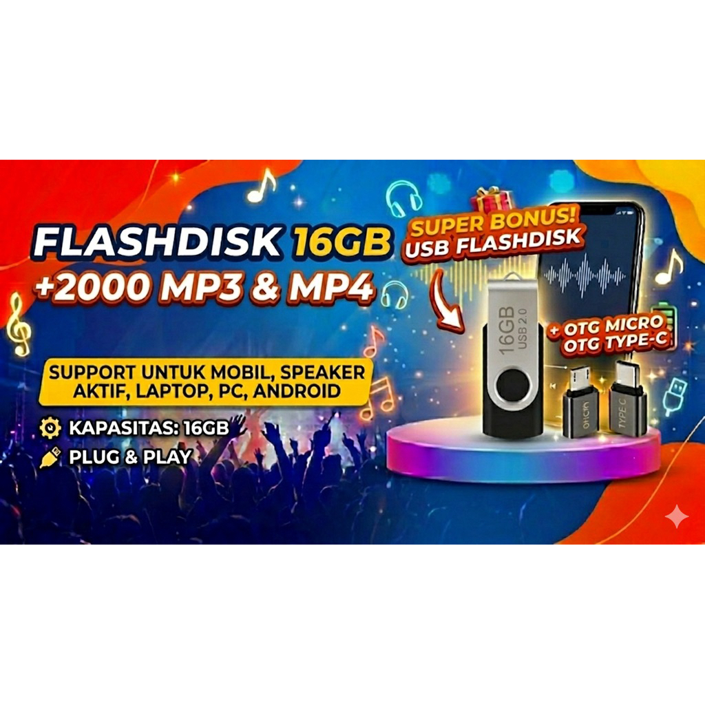 (BISA COD) Flashdisk Mobil 16GB Original - Lagu Hits 2026 Pop Koplo Dangdut Remix Terbaru Suara Jern