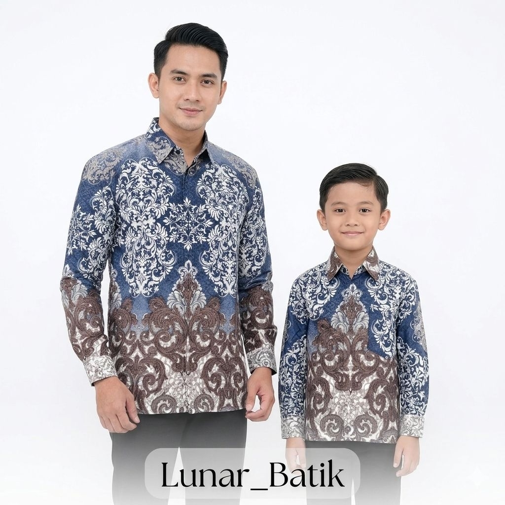 Kemeja Batik Couple Ayah Dan Anak Bahan Dobby Warna Silver Kombinasi Batik Pasangan Bapak Anak