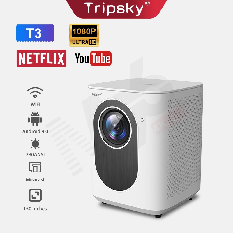Tripsky T3 Smart Projector 280ANSI 6000 Lumen 4K HD Proyektor LCD Android Proyektor