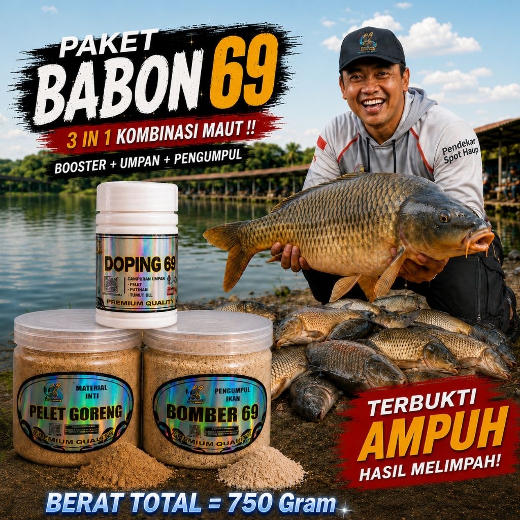 PAKET BABON 3 in 1 (Pelet 69 + Bomber + Doping) Umpan Nila Tombro Patin Bawal Gurame. Radja Pancing 