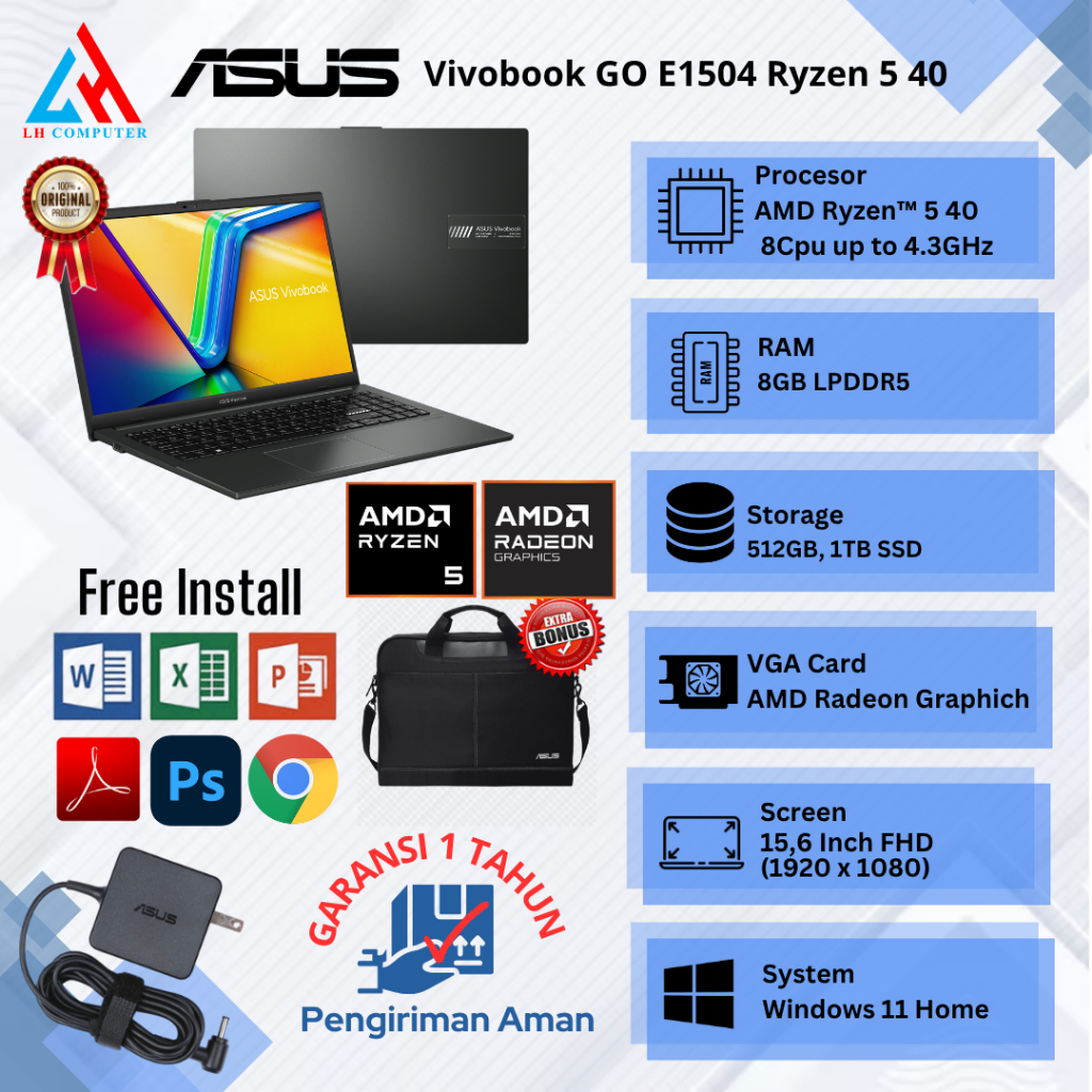 Laptop Baru ASUS Vivobook Go 15 E1504 AMD Ryzen 5 40 8Cpu Upto 4,3Ghz