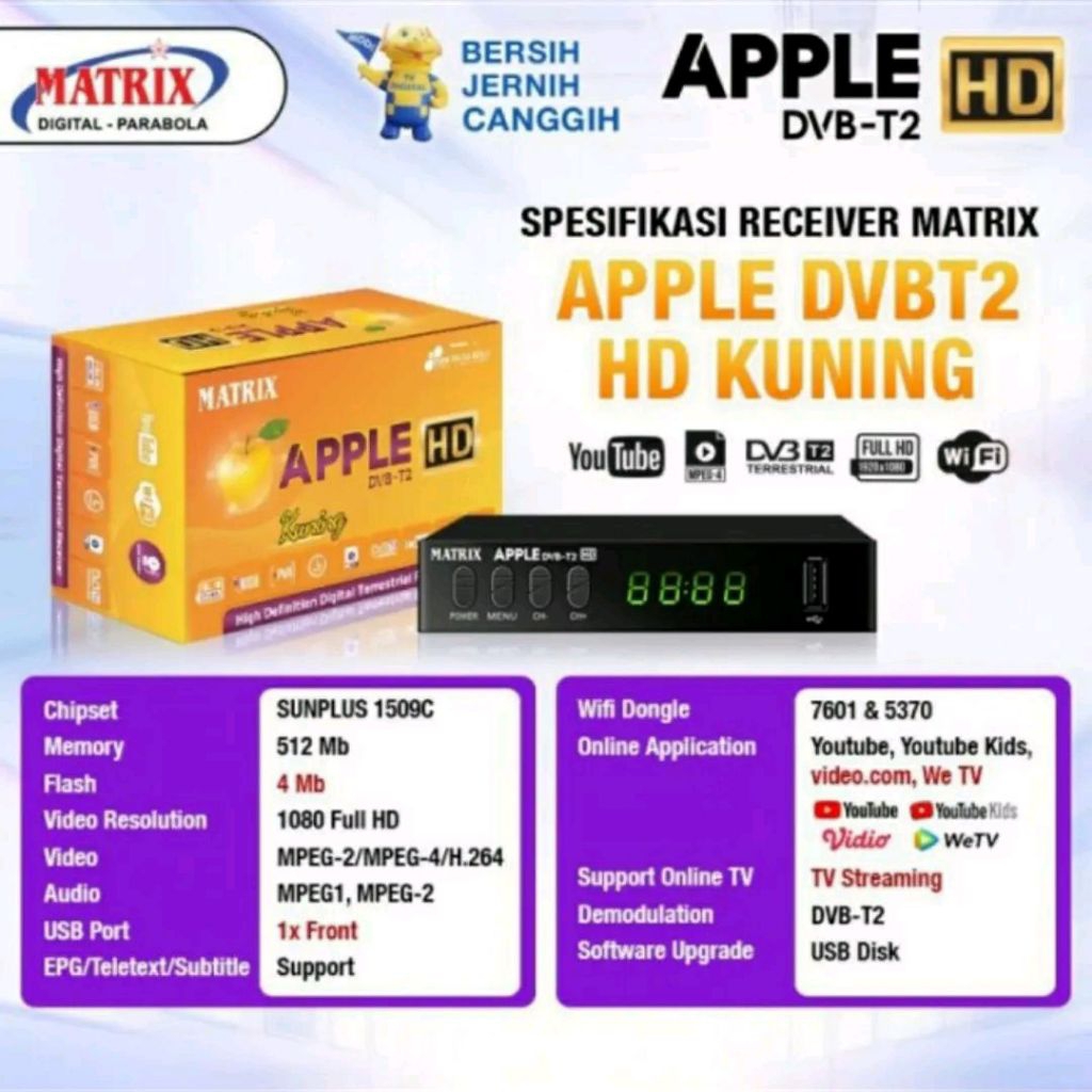 Set Top Box Digital TV Matrix Apple Kuning HD | DVB-T2 STB youtube tik