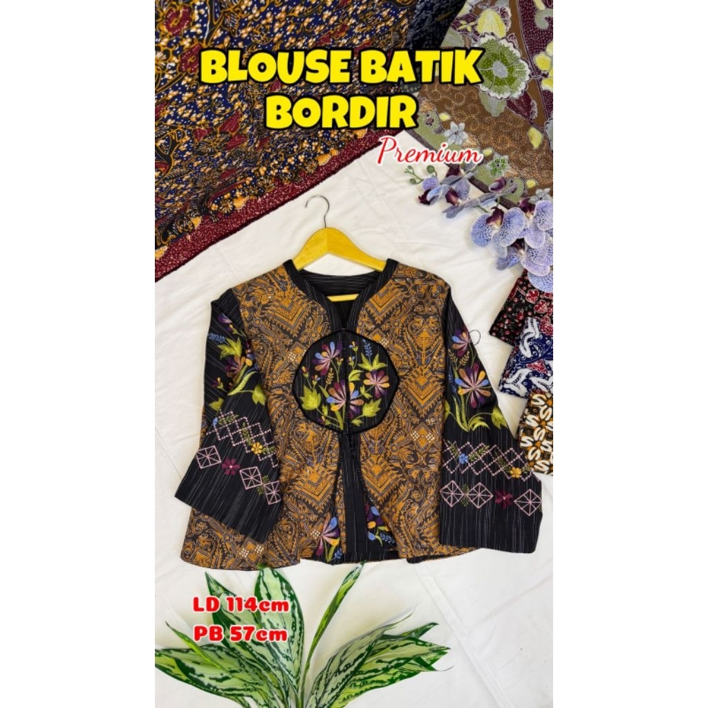 BAJU BATIK TULIS UNTUK WANITA MODEL BLOUSE SULAM BORDIR KOMBINASI TRICOT DAN FURING