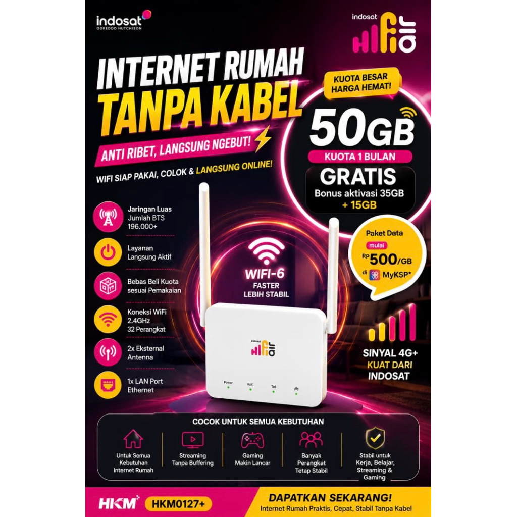 WiFi Router HiFi Air Indosat kuota 50GB HKM 4G LTE | Modem Internet Rumah