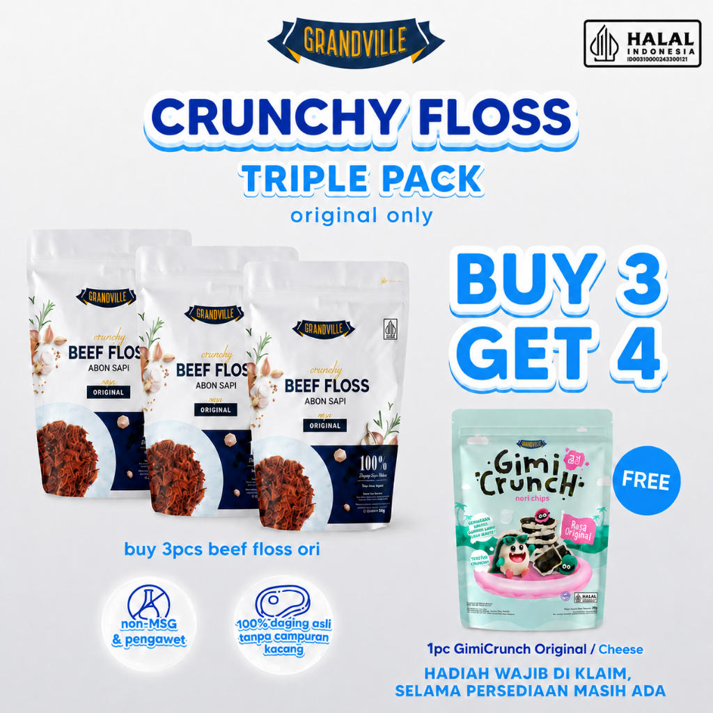 Grandville Abon Sapi Crunchy Halal Triple Pack Original - Aman untuk anak usia MPASI