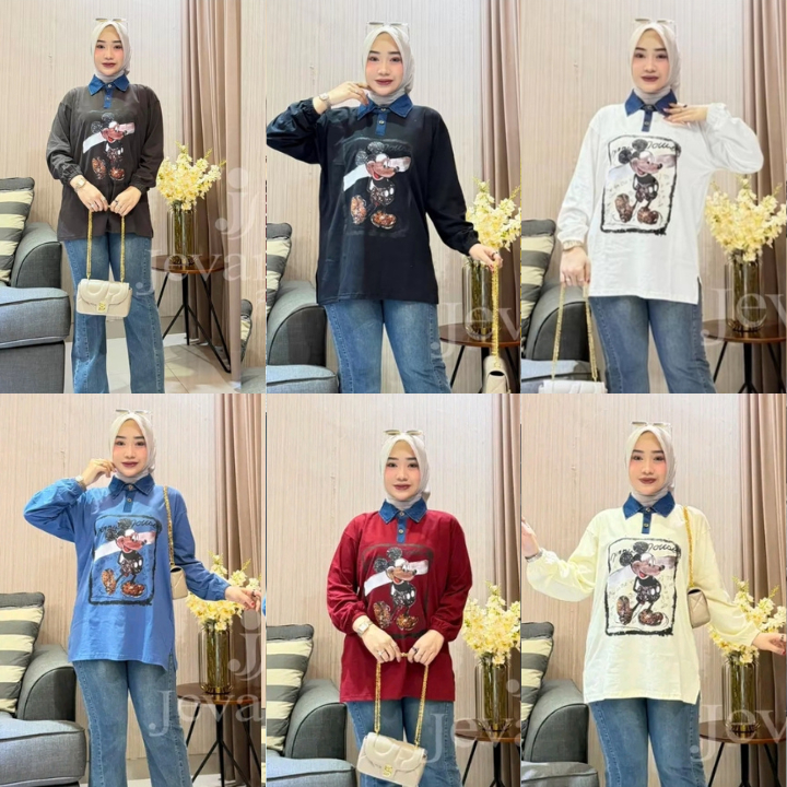 Kaos Wanita Mickey JEVANNI Lengan Panjang Kerah Denim | Atasan Cewek Casual Combed 24s All Size LD 1