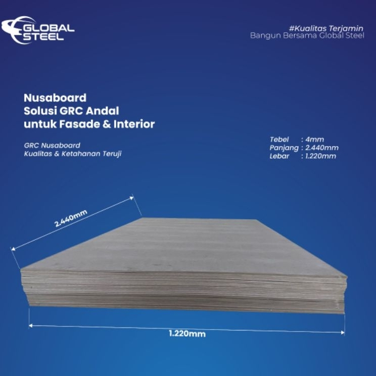 Global Steel - GRC Nusa Board Tebal 4mm – Papan GRC untuk Dinding & Plafon Kuat, Tahan Air & Anti Ra