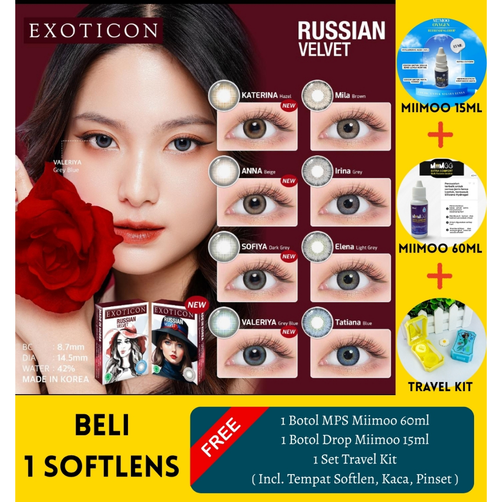 Bundling Softlens Russian + MPS Miimoo 60ml + Drops miimoo 15ml + Travel Kit Mini Kaca Minus -0.50 s