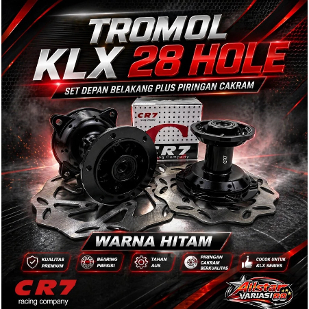 Tromol KLX 28 Hole CR7 Set Depan Belakang Plus Piringan Cakram | Hitam | Tromol KLX 150 S L G BF150 