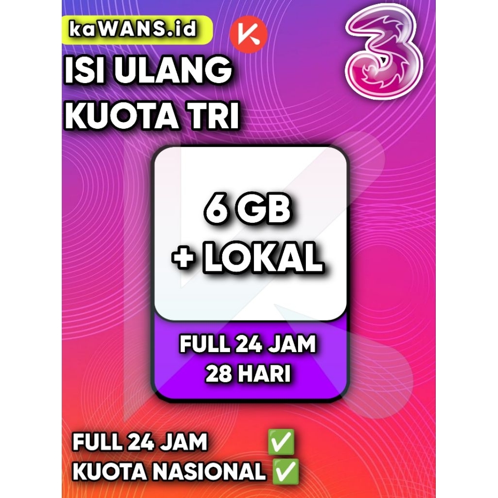 Kuota Tri 6gb + lokal 30 Hari, Paket Data Full 24 Jam, Cepat Tanpa Pembagian