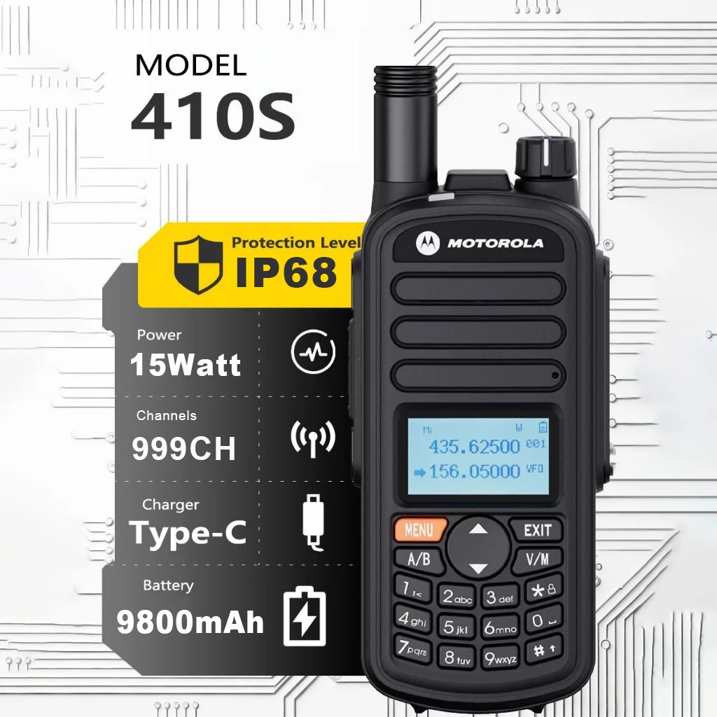 HT MOTOROLA 410S Walkie Talkie IP68 Tahan Air 15 Watt Dual Band Radio 20KM 9800mAh Hitam Oranye