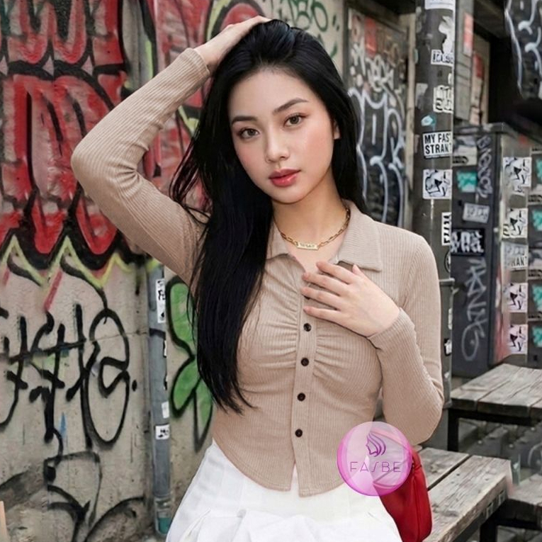 Atasan Wanita Rib Knit Crop Top Serut Lengan Panjang Kemeja Crop Serut Knit Lengan Panjang Kekinian 