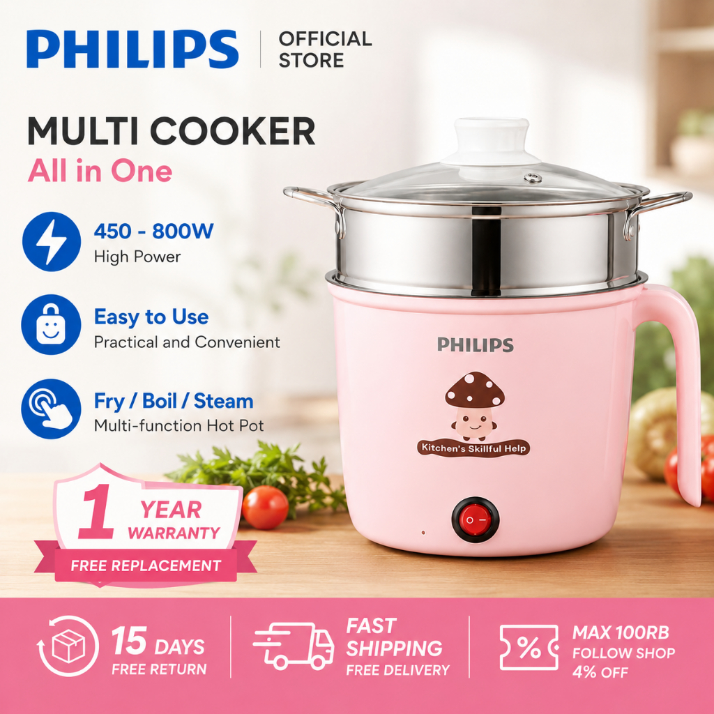 Philips Panci Listrik 1.8L Anti Lengket panci listrik multifungsi 3 in 1 steamer kukusan panci kukus
