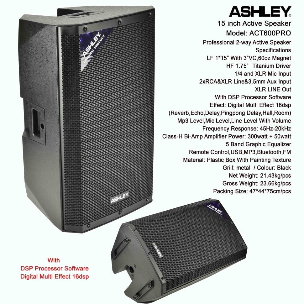 Speaker Aktif Bluetooth Ashley ACT 600 Pro Ukuran 15 Inch Original