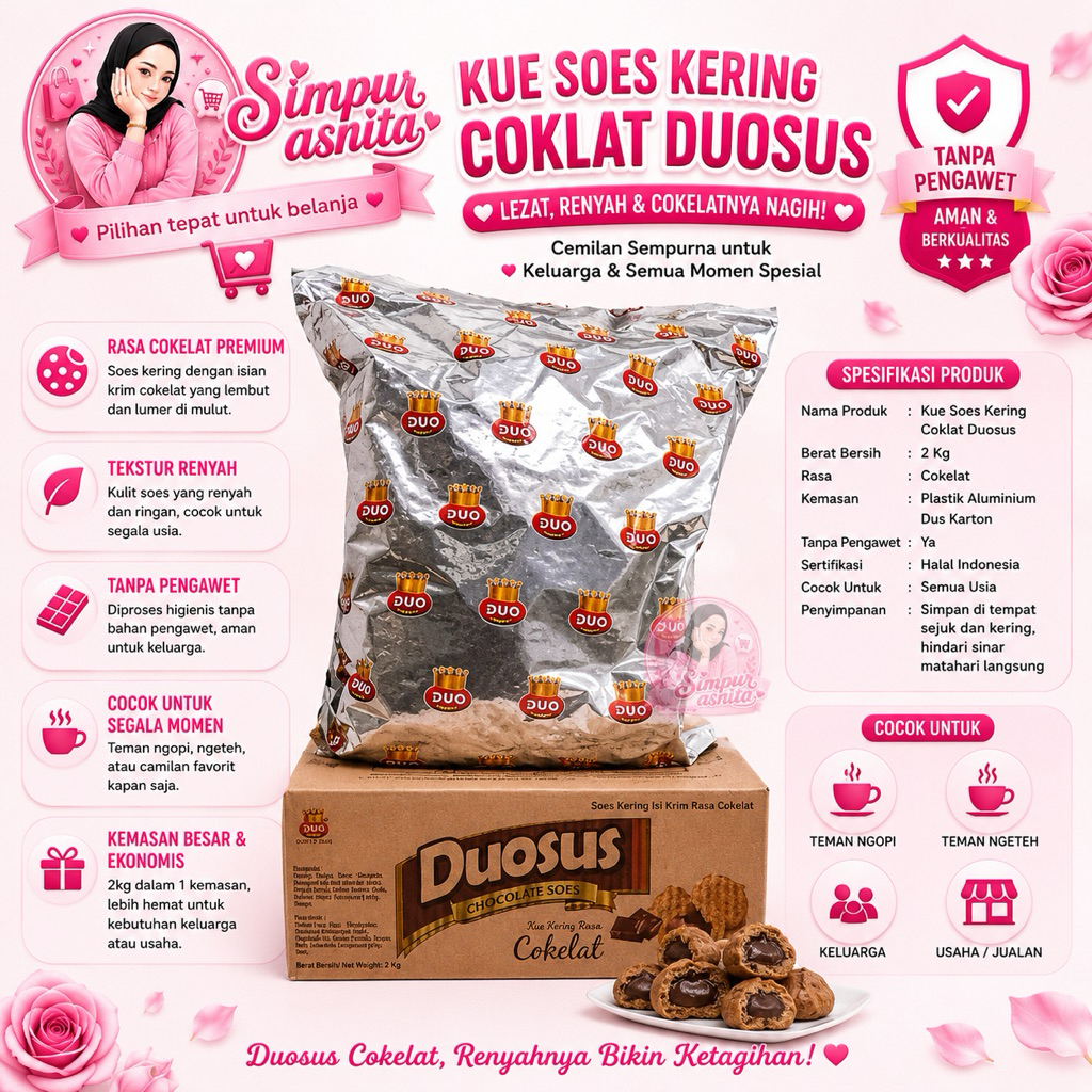 (Kemasan 2 kg) DUOSUS Soes Coklat Kering Kemasan Dus 2 Kg Rasa Dijamin Enak Coklat Lumer