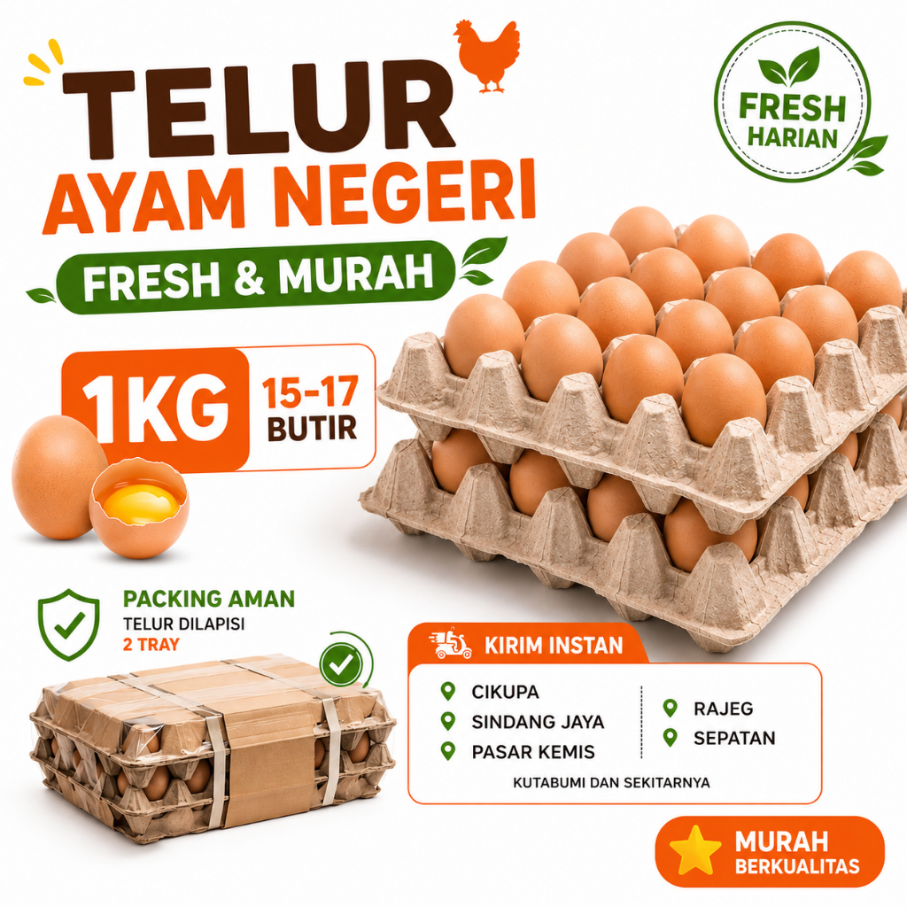 Telor Ayam Negeri Curah 1kg 15-18 Butir Fresh Berkualitas Kirim Instan Cepat Sampai