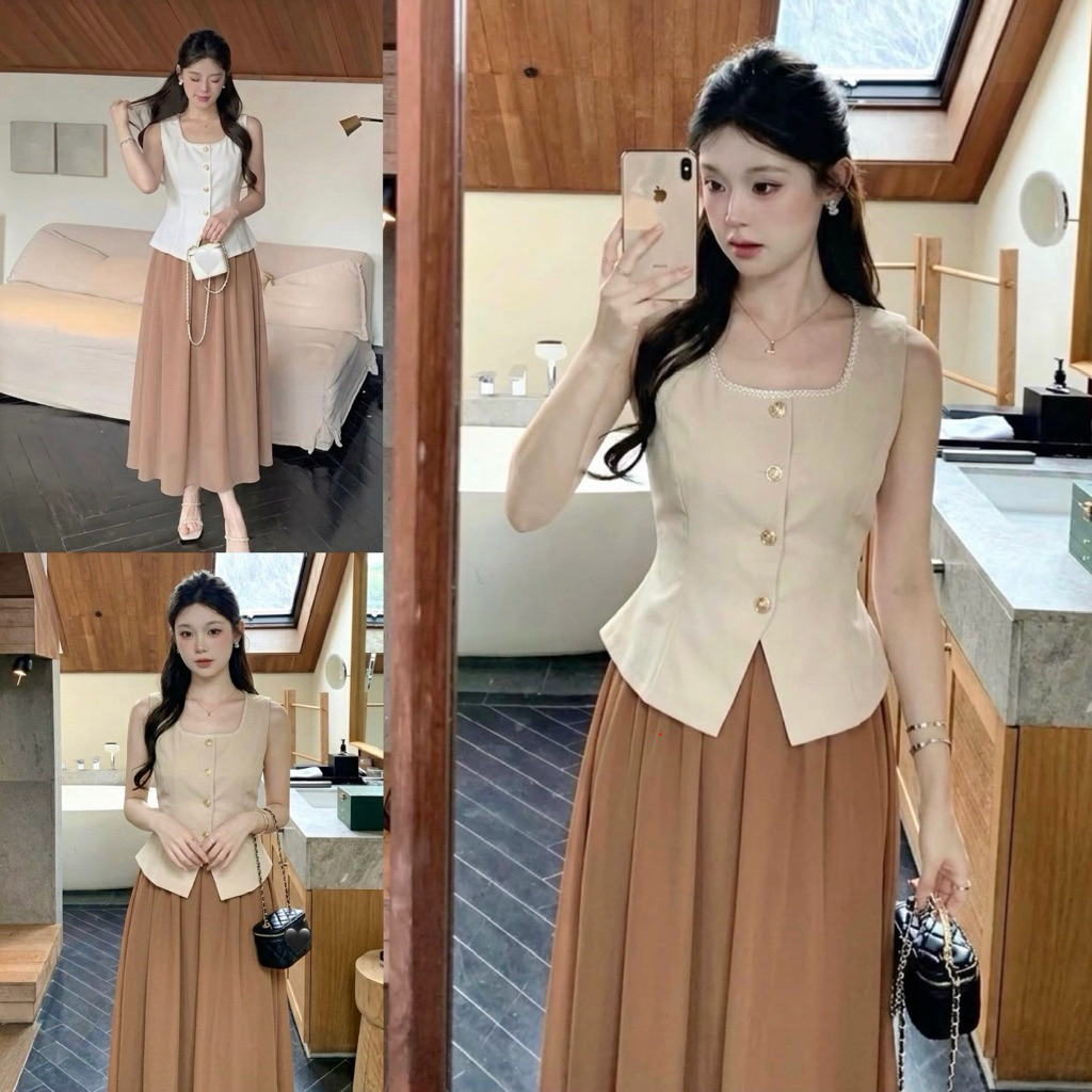 SET1127 MALAKA KOREAN STYLE VINTAGE SETELAN ATASAN ROK SIMPLE ELEGAN KASUAL