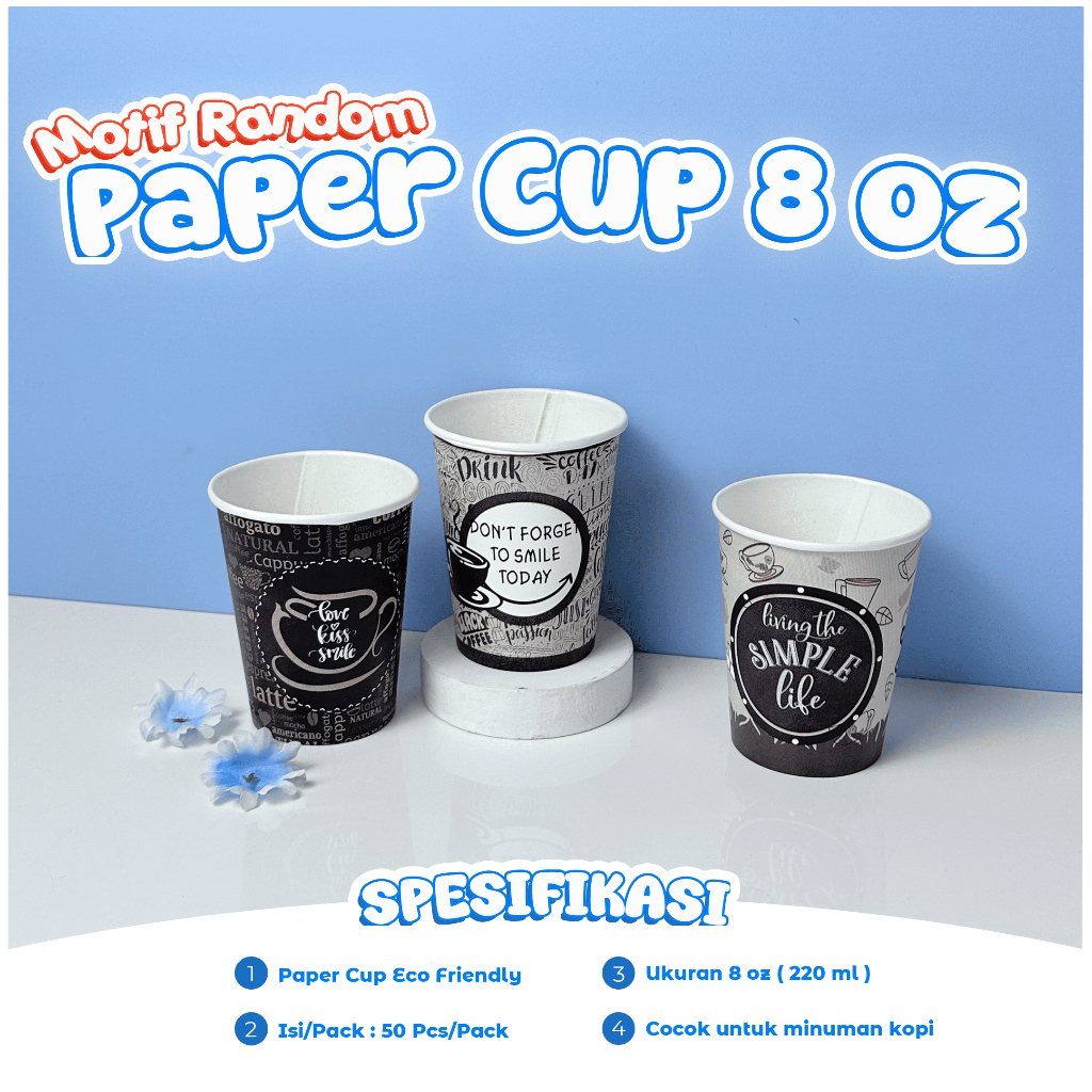 Paper Cup ECO 8 Oz Motif Random Isi 50 Pcs / Eco Friendly / Gelas Kopi Teh Kertas / Tahan Panas