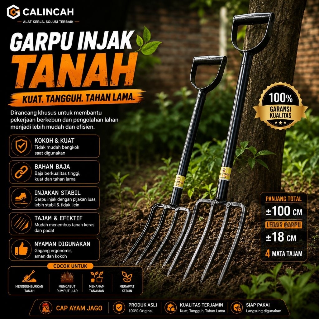 Garpu Injak Tanah 4 Mata Calincah 100cm - Garpu Kebun Baja Premium