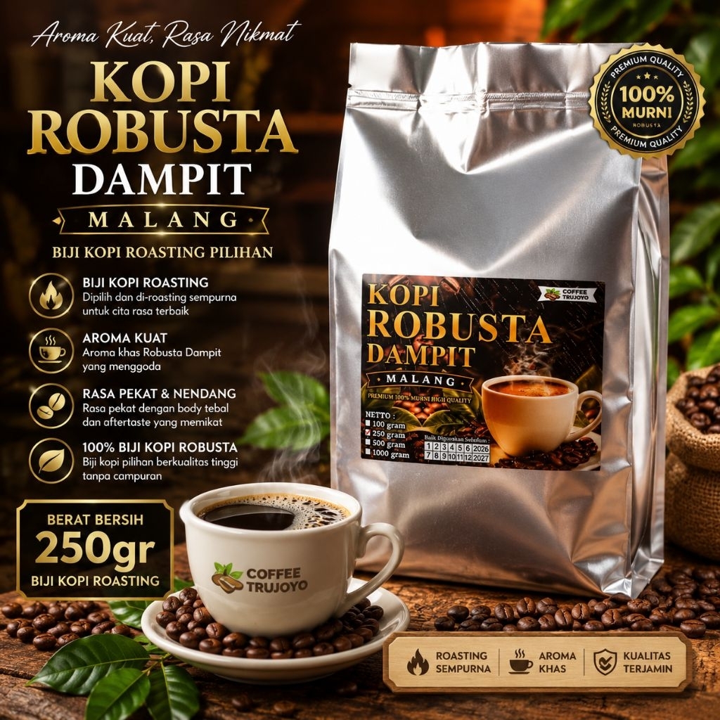 Biji Kopi Roasting Robusta Dampit Malang 250Gram  Premium Quality Kopi Robusta Asli Fresh Roast