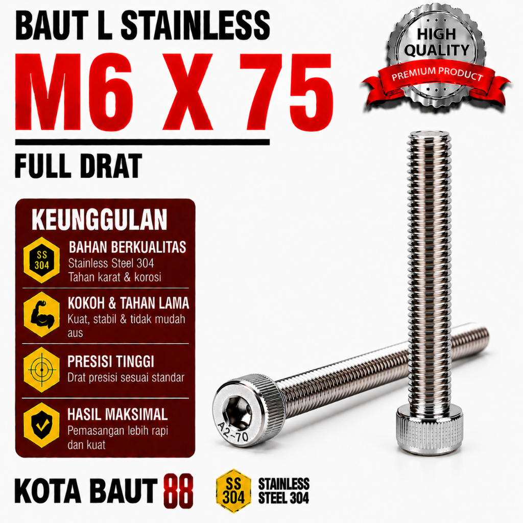Baut L Stainless M6X75 / 6X75 / M6 X 75 / 6 X 75 Full Drat SS304 / SUS304 / A2-70