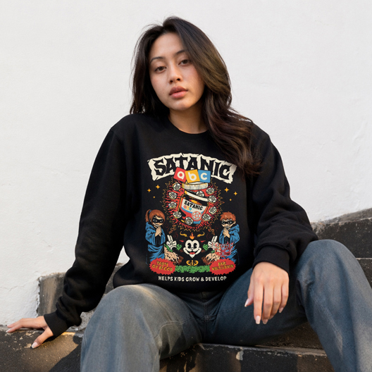 Crewneck SATANIC ABC Sweater Casual Fashionable Bahan Cotton Fleece