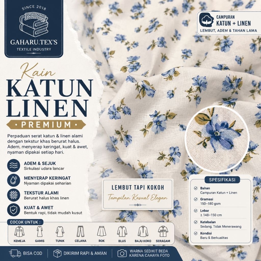 bahan katun linen premium - linen motif bunga kecil - linen meteran
