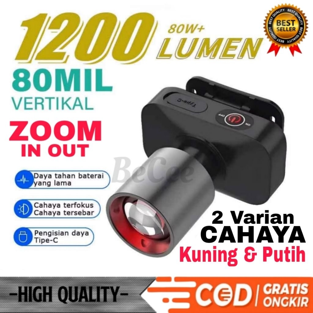 L42 Senter Kepala UPGRADE Zoom In Zoom Out Jarak Jauh Super Terang Cahaya Putih Dan Kuning Awet Anti