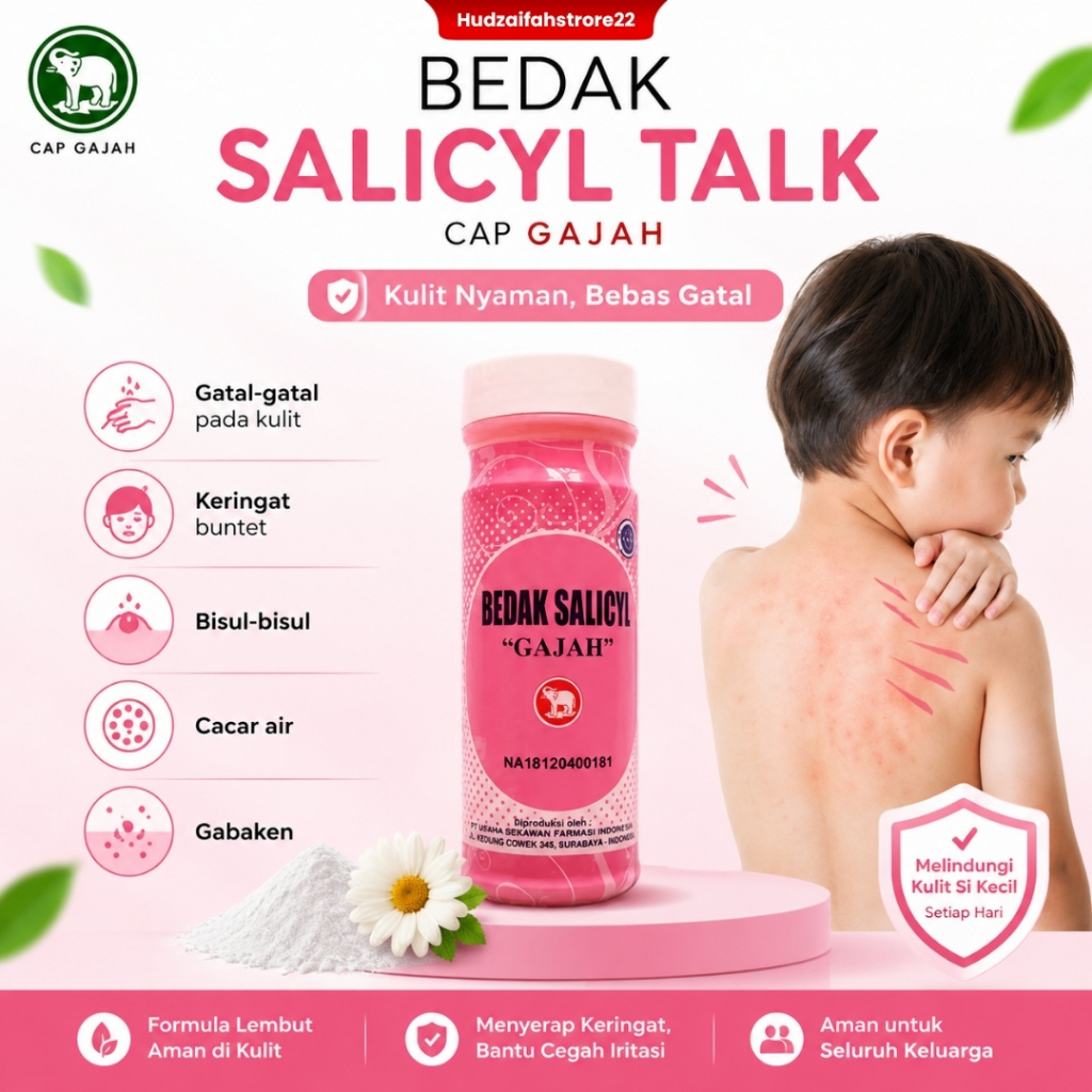 Bedak Salicyl Pink 100Gr Cap Gajah Obat Gatal Gatel Bintik Kulit Anak Wedak Bayi Usia 0-6 Bulan