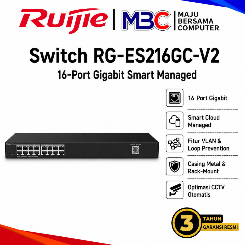 Ruijie RG-ES216GC-V2 Switch Hub 16 Port Gigabit Cloud Manage Non-PoE Switch Hub - 5 8 16 24 Port