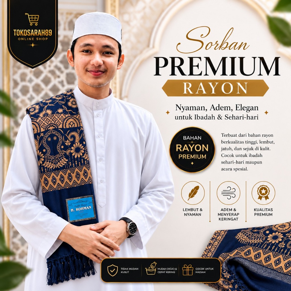 Sorban Batik Premium Rayon Tebal Adem Nyaman Ukuran Panjang || Sorban Santri Pondok Original