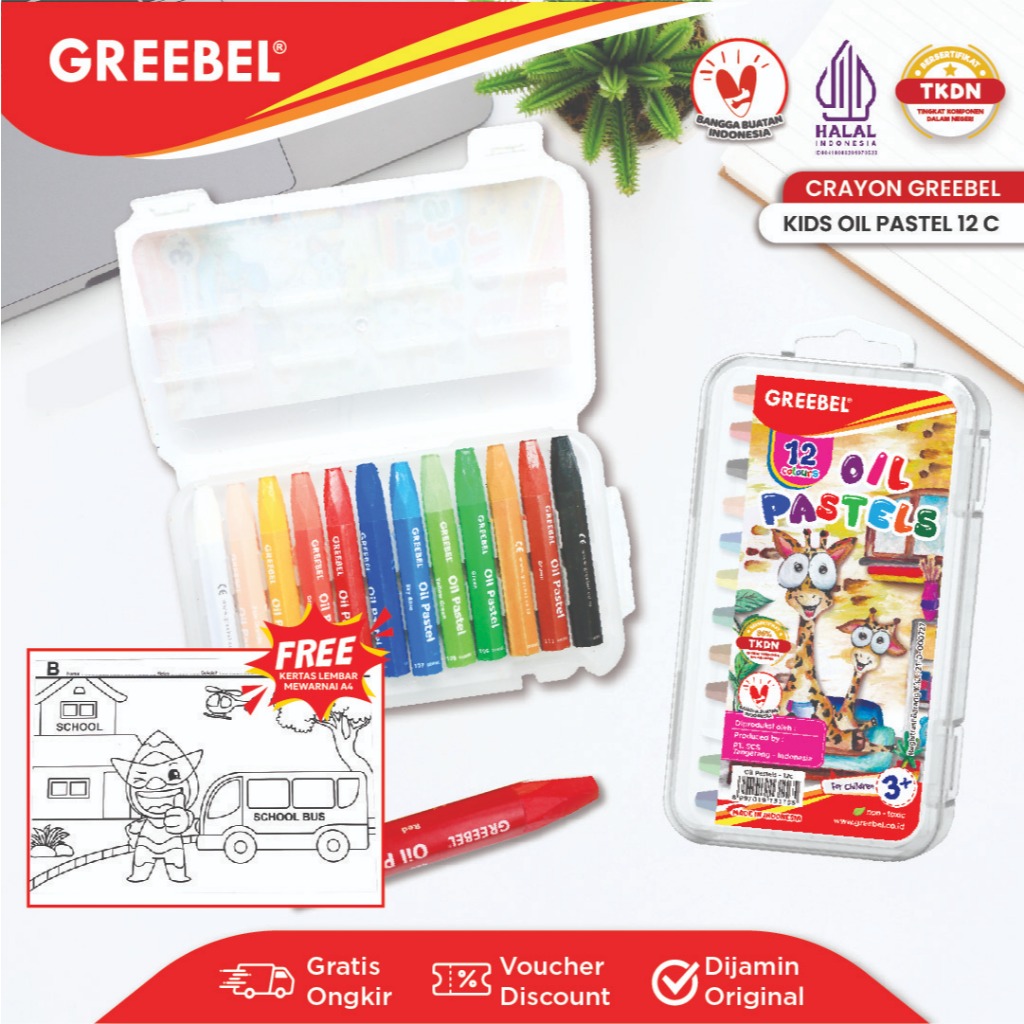 GREEBEL Crayon Krayon Kids 12 Warna / Kids Oil Pastel 12C (KOP12C) Crayon Set Mewarnai Professional